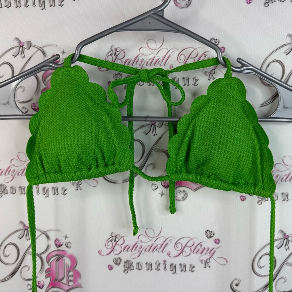 Aerie bikini, top textured fabric tie up Vibrant Green Scalloped Bikini Top